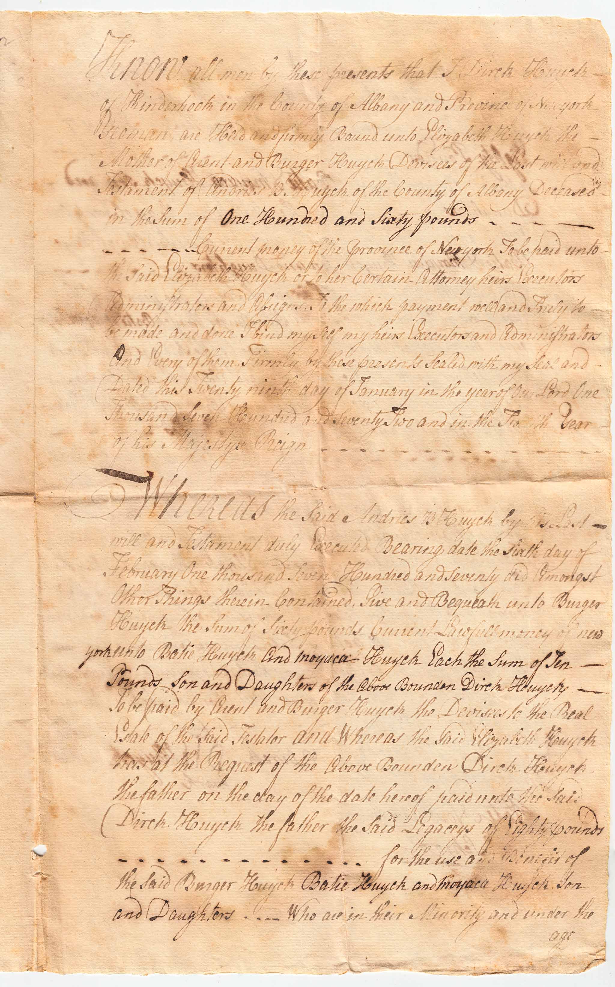 BH014 1772-01-29 Indemnification Bond, Dirck Huyck to Elizabeth Huyck et al Re. the Administration of the Estate of Andries B. Huyck